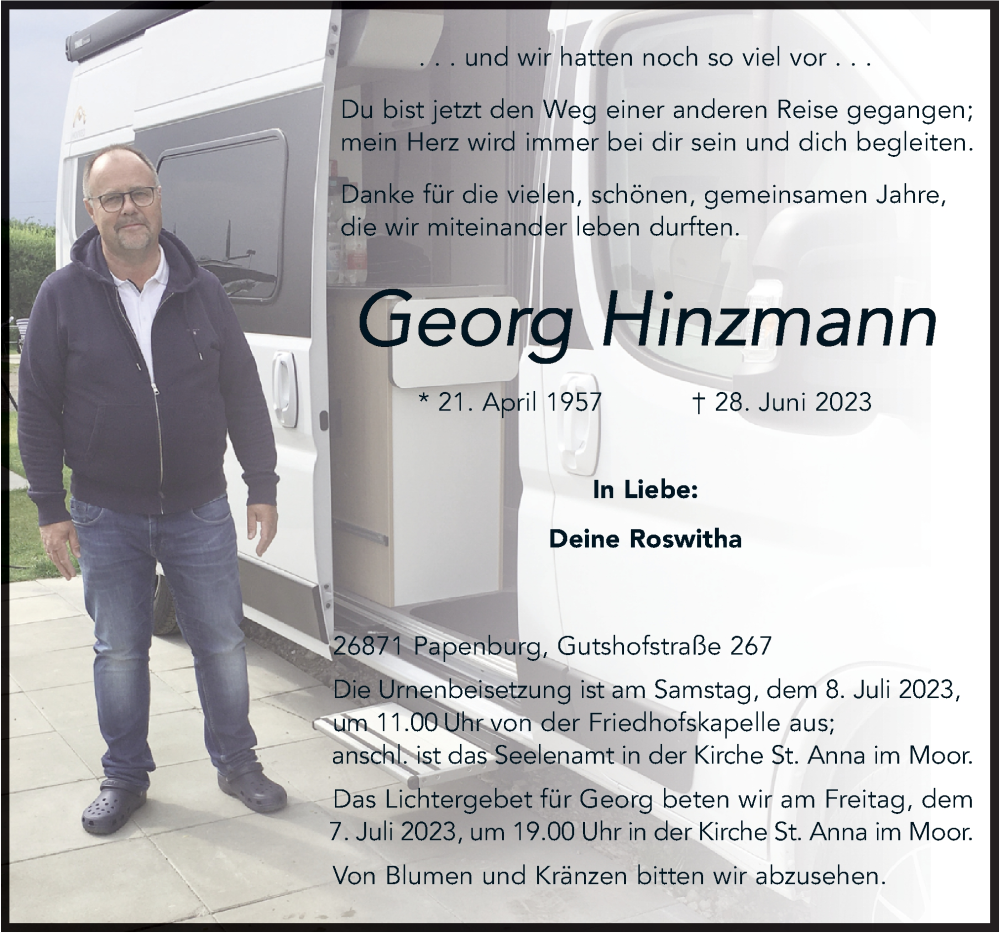  Traueranzeige für Georg Hinzmann vom 01.07.2023 aus Neue Osnabrücker Zeitung GmbH & Co. KG