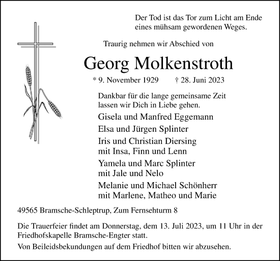 Traueranzeige von Georg Molkenstroth von Neue Osnabrücker Zeitung GmbH & Co. KG