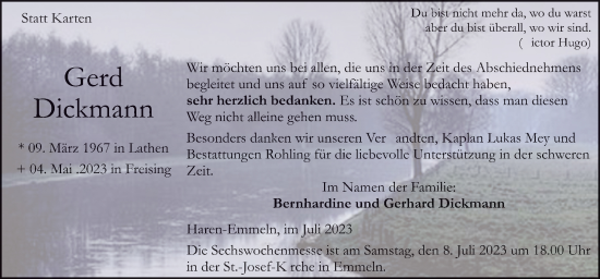 Traueranzeige von Gerd Dickmann von Neue Osnabrücker Zeitung GmbH & Co. KG