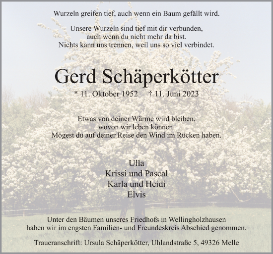 Traueranzeige von Gerd Schäperkötter von Neue Osnabrücker Zeitung GmbH & Co. KG