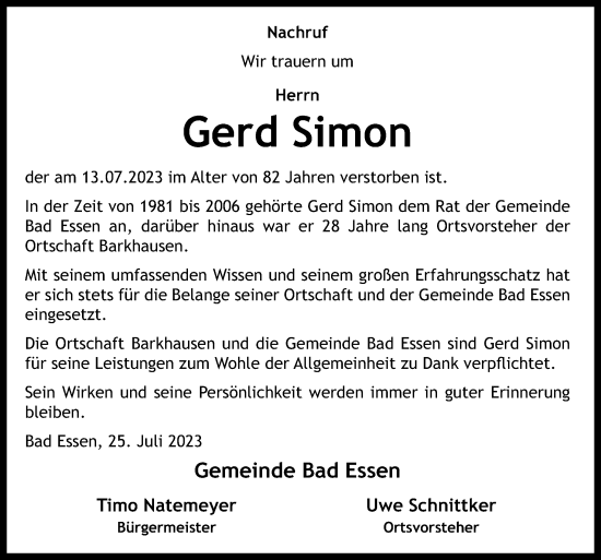 Traueranzeige von Gerd Simon von Neue Osnabrücker Zeitung GmbH & Co. KG
