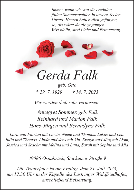 Traueranzeige von Gerda Falk von Neue Osnabrücker Zeitung GmbH & Co. KG