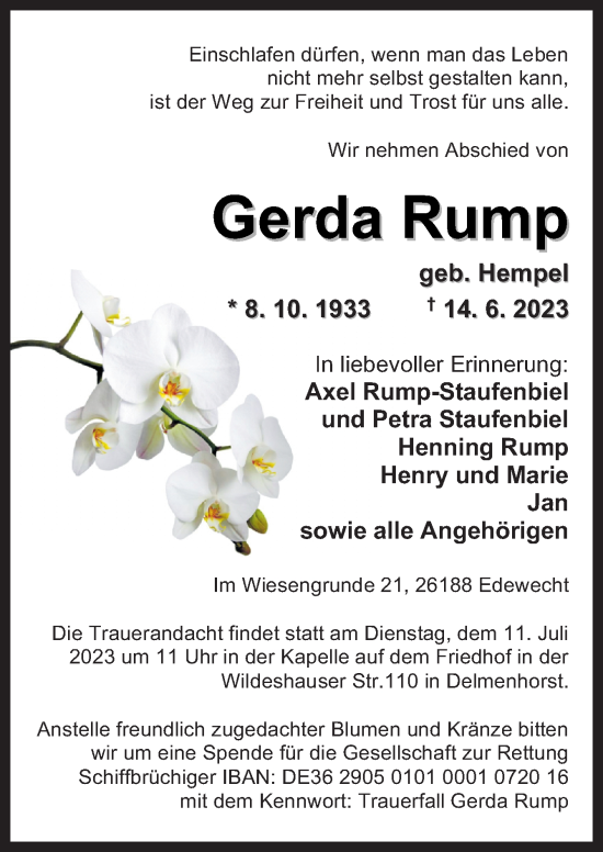 Traueranzeige von Gerda Rump von DK Medien GmbH & Co. KG