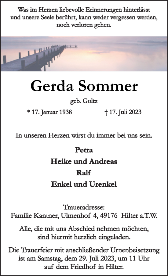 Traueranzeige von Gerda Sommer von Neue Osnabrücker Zeitung GmbH & Co. KG