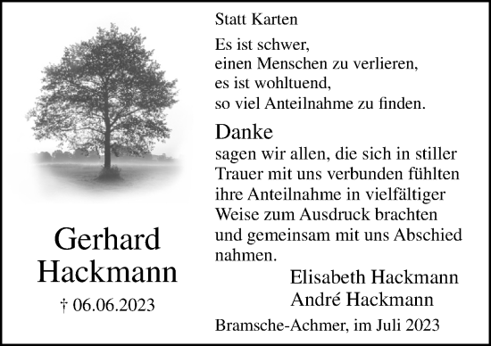Traueranzeige von Gerhard Hackmann von Neue Osnabrücker Zeitung GmbH & Co. KG