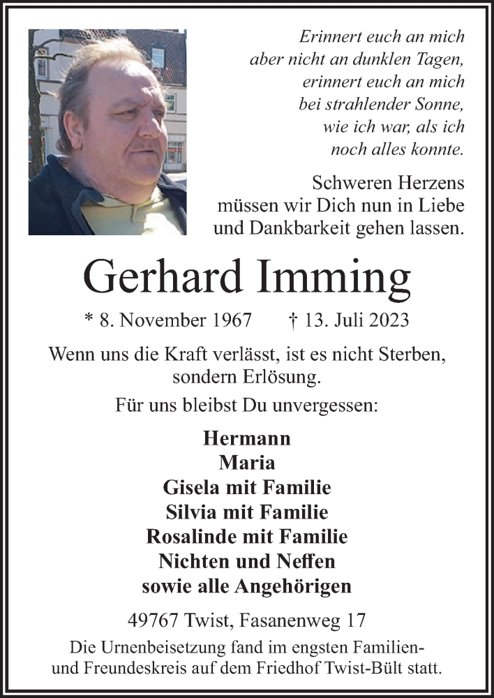  Traueranzeige für Gerhard Imming vom 25.07.2023 aus Neue Osnabrücker Zeitung GmbH & Co. KG