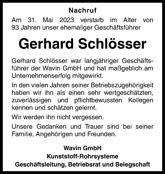 Traueranzeige von Gerhard Schlösser von Neue Osnabrücker Zeitung GmbH & Co. KG