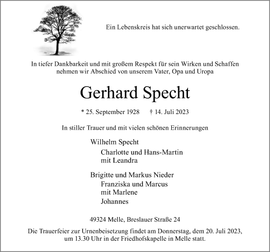 Traueranzeige von Gerhard Specht von Neue Osnabrücker Zeitung GmbH & Co. KG