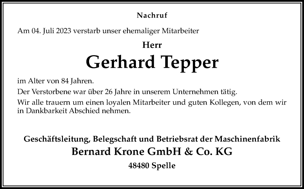  Traueranzeige für Gerhard Tepper vom 11.07.2023 aus Neue Osnabrücker Zeitung GmbH & Co. KG