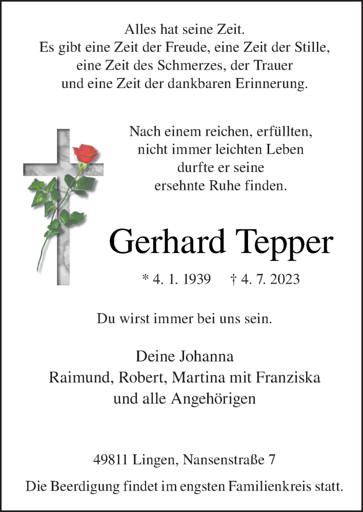  Traueranzeige für Gerhard Tepper vom 08.07.2023 aus Neue Osnabrücker Zeitung GmbH & Co. KG