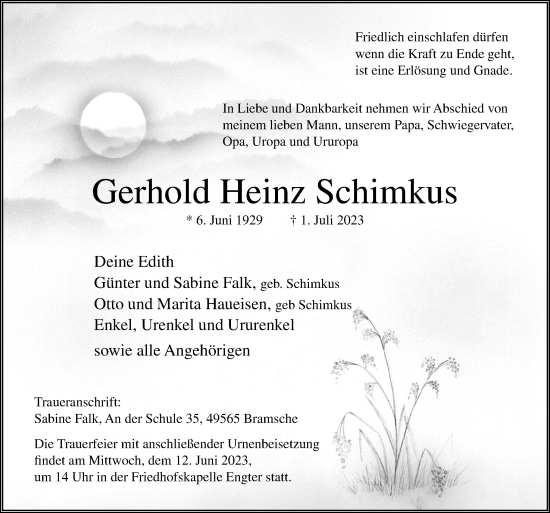 Traueranzeige von Gerhold Heinz Schimkus von Neue Osnabrücker Zeitung GmbH & Co. KG