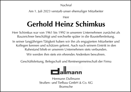 Traueranzeige von Gerhold Heinz Schimkus von Neue Osnabrücker Zeitung GmbH & Co. KG