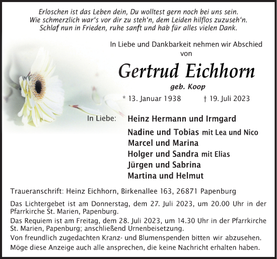 Traueranzeige von Gertrud Eichhorn von Neue Osnabrücker Zeitung GmbH & Co. KG