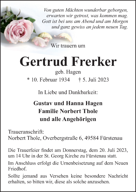Traueranzeige von Gertrud Frerker von Neue Osnabrücker Zeitung GmbH & Co. KG