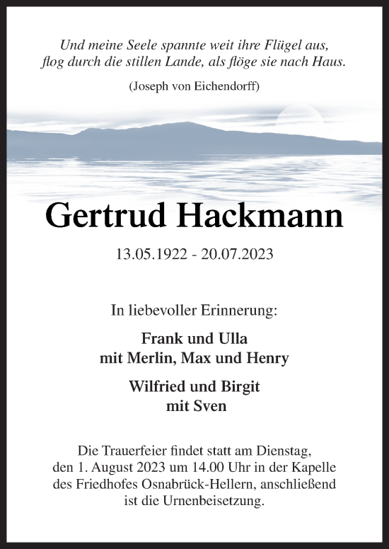 Traueranzeige von Gertrud Hackmann von Neue Osnabrücker Zeitung GmbH & Co. KG