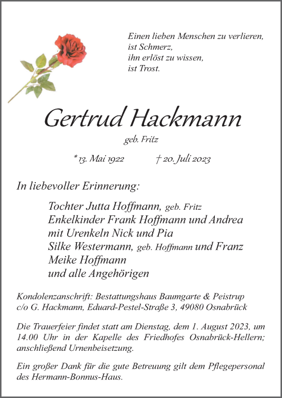 Traueranzeige von Gertrud Hackmann von Neue Osnabrücker Zeitung GmbH & Co. KG
