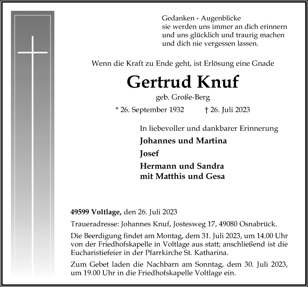  Traueranzeige für Gertrud Knuf vom 28.07.2023 aus Neue Osnabrücker Zeitung GmbH & Co. KG