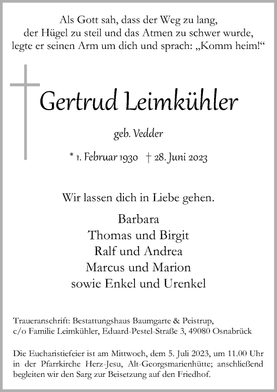 Traueranzeige von Gertrud Leimkühler von Neue Osnabrücker Zeitung GmbH & Co. KG