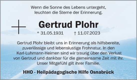 Traueranzeige von Gertrud Plohr von Neue Osnabrücker Zeitung GmbH & Co. KG