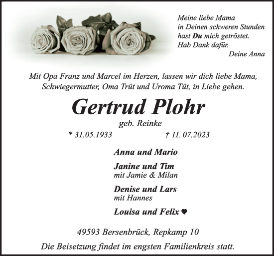 Traueranzeige von Gertrud Plohr von Neue Osnabrücker Zeitung GmbH & Co. KG