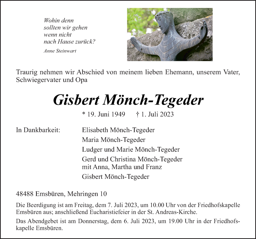  Traueranzeige für Gisbert Mönch-Tegeder vom 05.07.2023 aus Neue Osnabrücker Zeitung GmbH & Co. KG