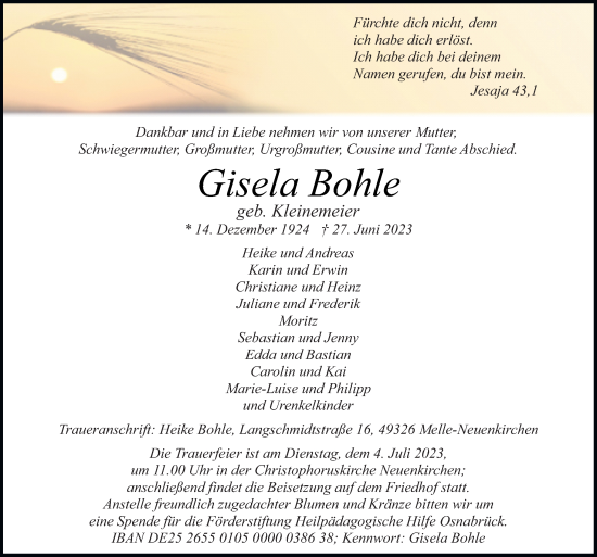 Traueranzeige von Gisela Bohle von Neue Osnabrücker Zeitung GmbH & Co. KG