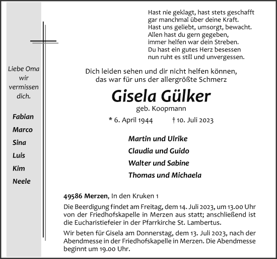 Traueranzeige von Gisela Gülker von Neue Osnabrücker Zeitung GmbH & Co. KG