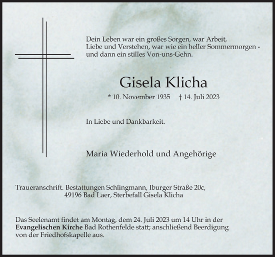 Traueranzeige von Gisela Klicha von Neue Osnabrücker Zeitung GmbH & Co. KG