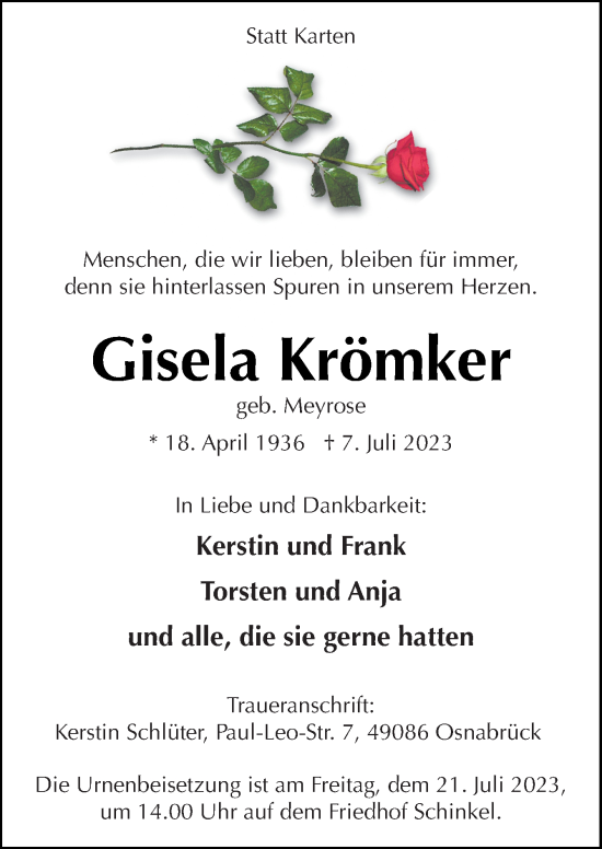 Traueranzeige von Gisela Krömker von Neue Osnabrücker Zeitung GmbH & Co. KG