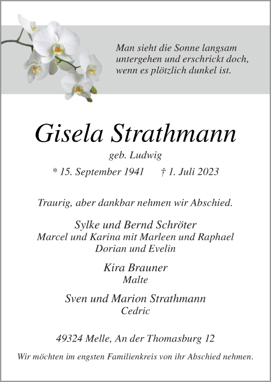 Traueranzeige von Gisela Strathmann von Neue Osnabrücker Zeitung GmbH & Co. KG