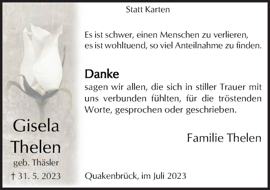 Traueranzeige von Gisela Thelen von Neue Osnabrücker Zeitung GmbH & Co. KG