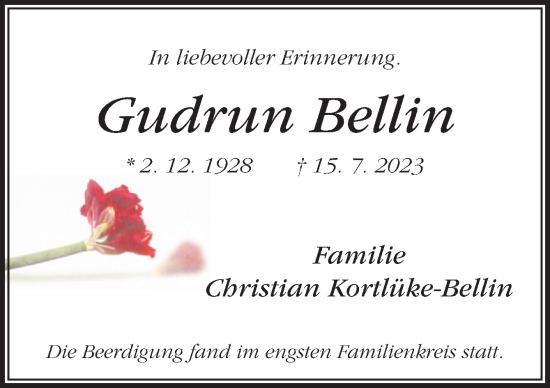 Traueranzeige von Gudrun Bellin von Neue Osnabrücker Zeitung GmbH & Co. KG