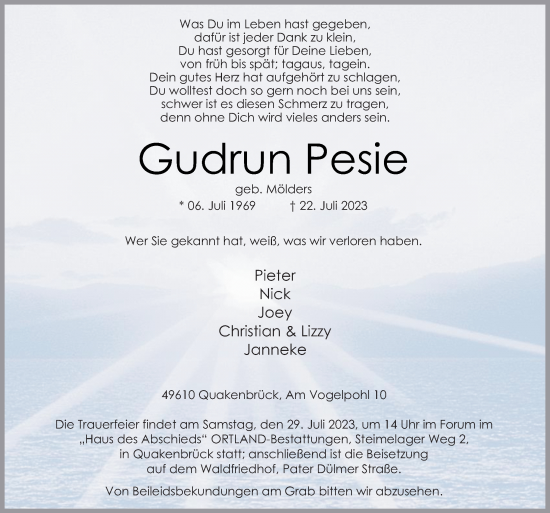 Traueranzeige von Gudrun Pesie von Neue Osnabrücker Zeitung GmbH & Co. KG