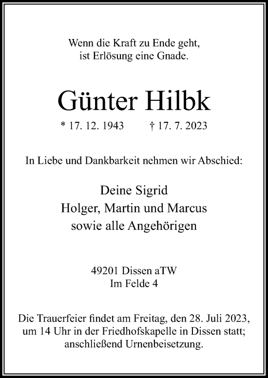 Traueranzeige von Günter Hilbk von Neue Osnabrücker Zeitung GmbH & Co. KG