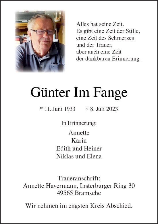 Traueranzeige von Günter Im Fange von Neue Osnabrücker Zeitung GmbH & Co. KG