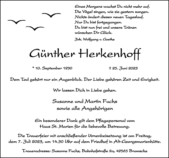 Traueranzeige von Günther Herkenhoff von Neue Osnabrücker Zeitung GmbH & Co. KG