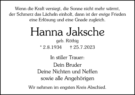 Traueranzeige von Hanna Jaksche von Neue Osnabrücker Zeitung GmbH & Co. KG