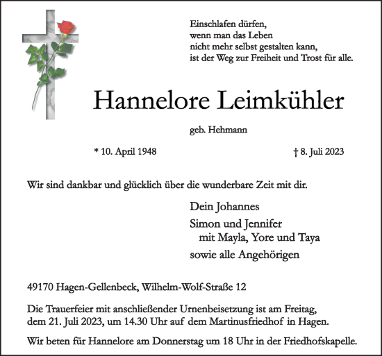 Traueranzeige von Hannelore Leimkühler von Neue Osnabrücker Zeitung GmbH & Co. KG
