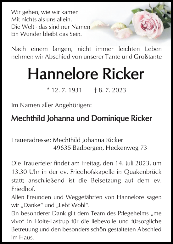 Traueranzeige von Hannelore Ricker von Neue Osnabrücker Zeitung GmbH & Co. KG