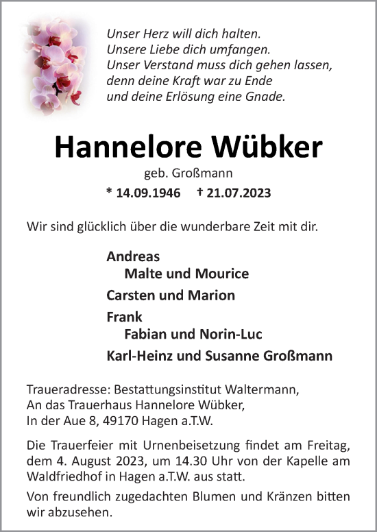 Traueranzeige von Hannelore Wübker von Neue Osnabrücker Zeitung GmbH & Co. KG