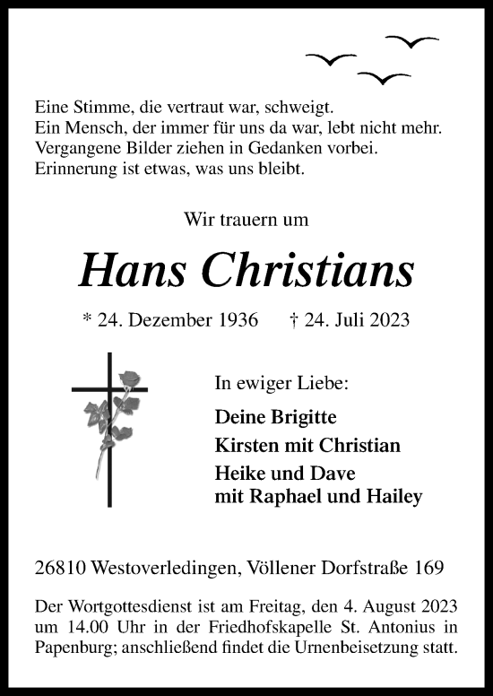 Traueranzeige von Hans Christians von Neue Osnabrücker Zeitung GmbH & Co. KG