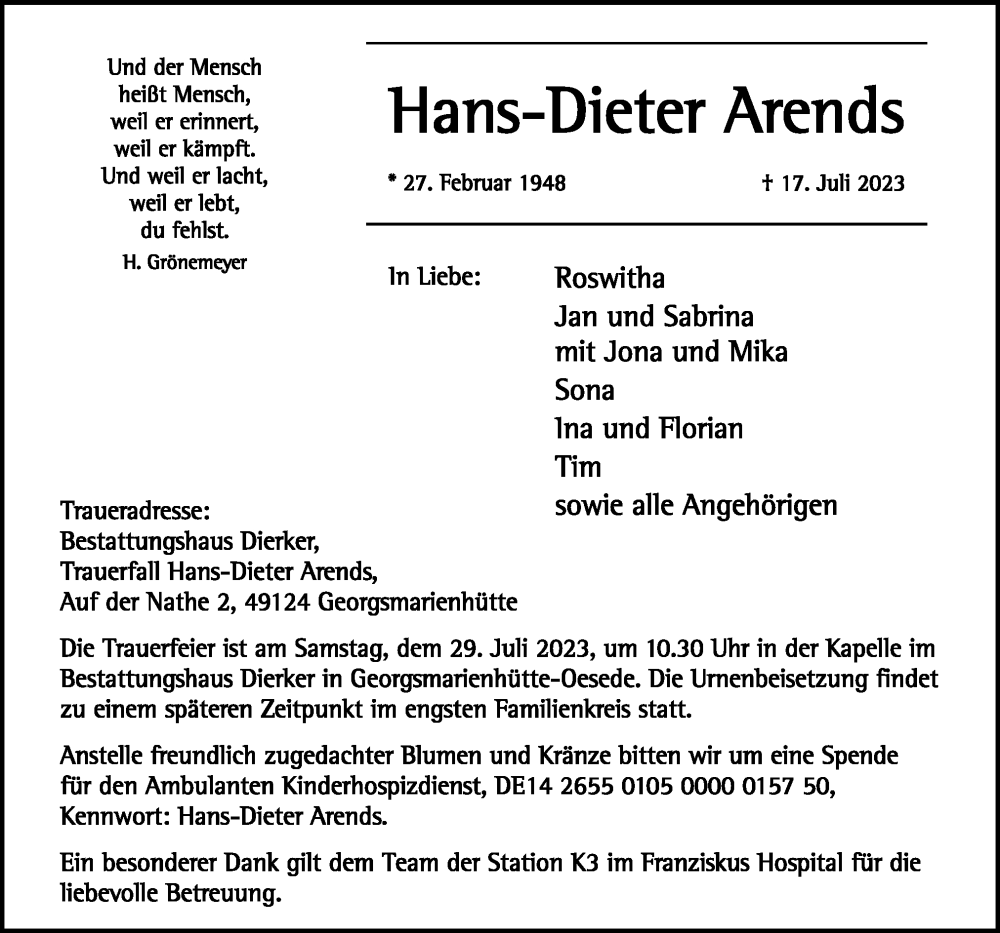  Traueranzeige für Hans-Dieter Arends vom 22.07.2023 aus Neue Osnabrücker Zeitung GmbH & Co. KG