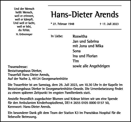 Traueranzeige von Hans-Dieter Arends von Neue Osnabrücker Zeitung GmbH & Co. KG