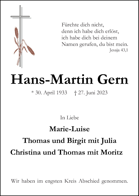 Traueranzeige von Hans-Martin Gern von Neue Osnabrücker Zeitung GmbH & Co. KG