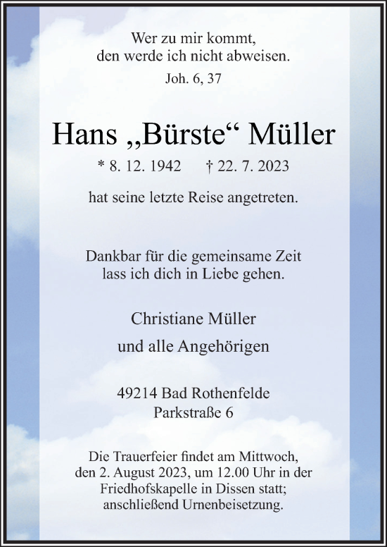 Traueranzeige von Hans Müller von Neue Osnabrücker Zeitung GmbH & Co. KG