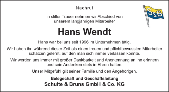 Traueranzeige von Hans Wendt von Neue Osnabrücker Zeitung GmbH & Co. KG