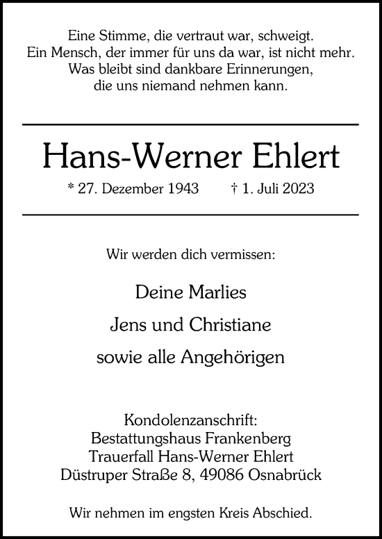 Traueranzeige von Hans-Werner Ehlert von Neue Osnabrücker Zeitung GmbH & Co. KG