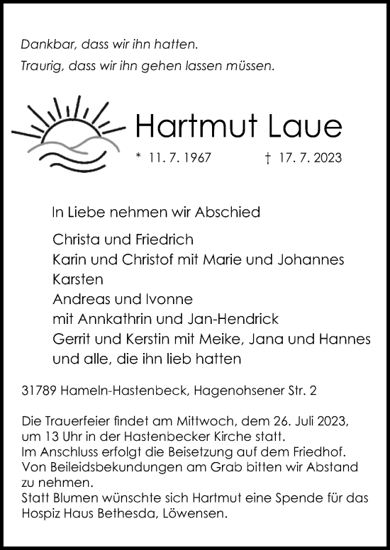 Traueranzeige von Hartmut Laue von Neue Osnabrücker Zeitung GmbH & Co. KG