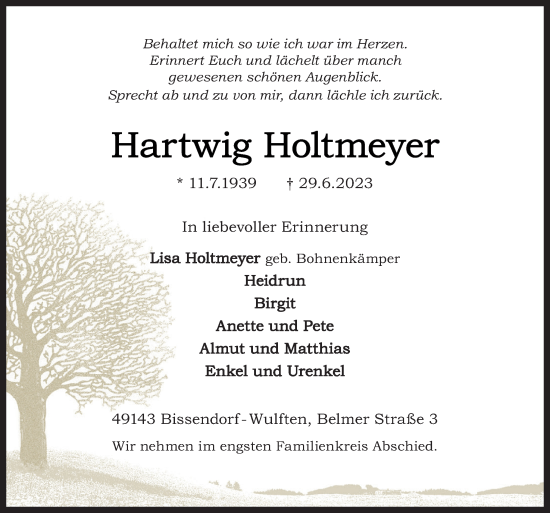 Traueranzeige von Hartwig Holtmeyer von Neue Osnabrücker Zeitung GmbH & Co. KG