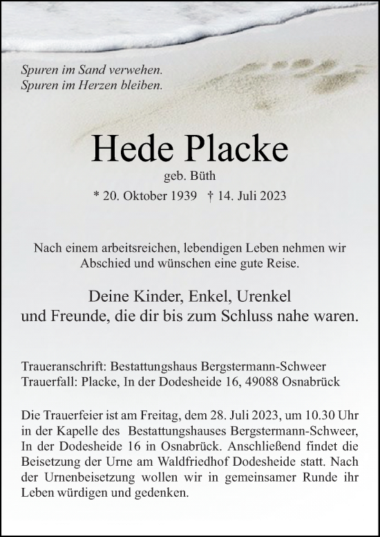 Traueranzeige von Hede Placke von Neue Osnabrücker Zeitung GmbH & Co. KG